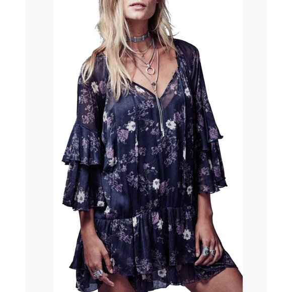 Free People Dresses & Skirts - Free People Size Large Black Sheer Floral Ruffle Dress Tunic GUC Fairly Boho